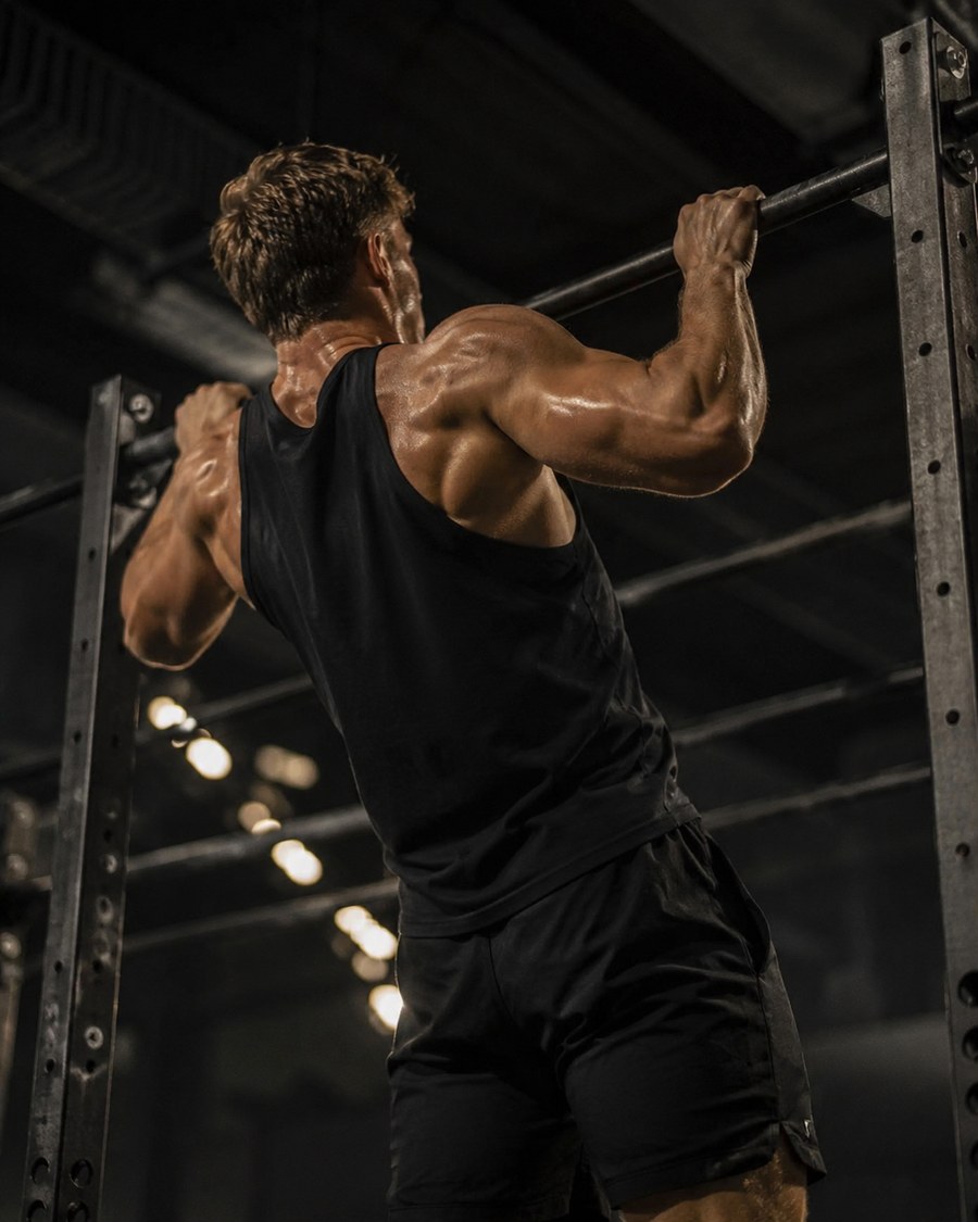 Athlete doing pull-ups in a dramatic gym
