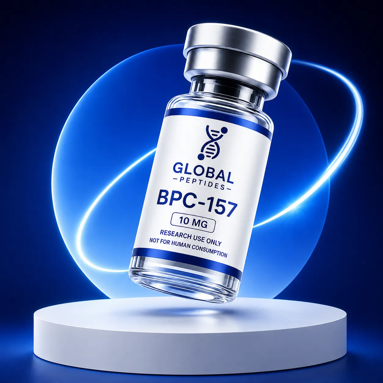 Global Peptide Sciences BPC-157 research vial on a blue illuminated display