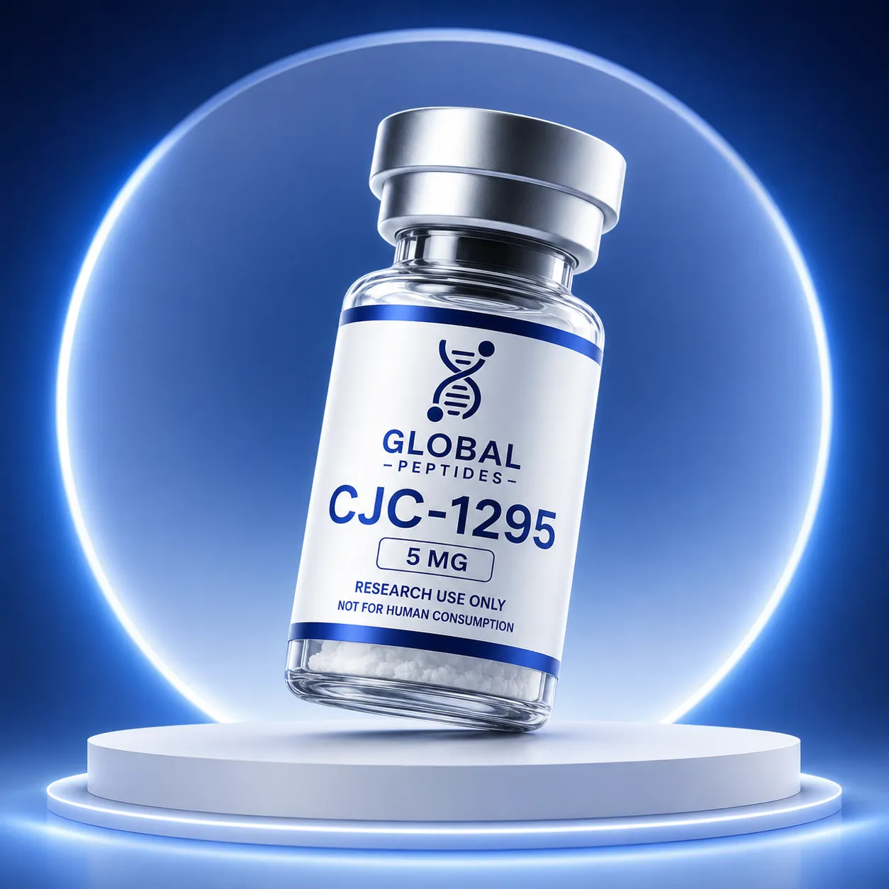Global Peptides CJC-1295 research vial on a luminous platform