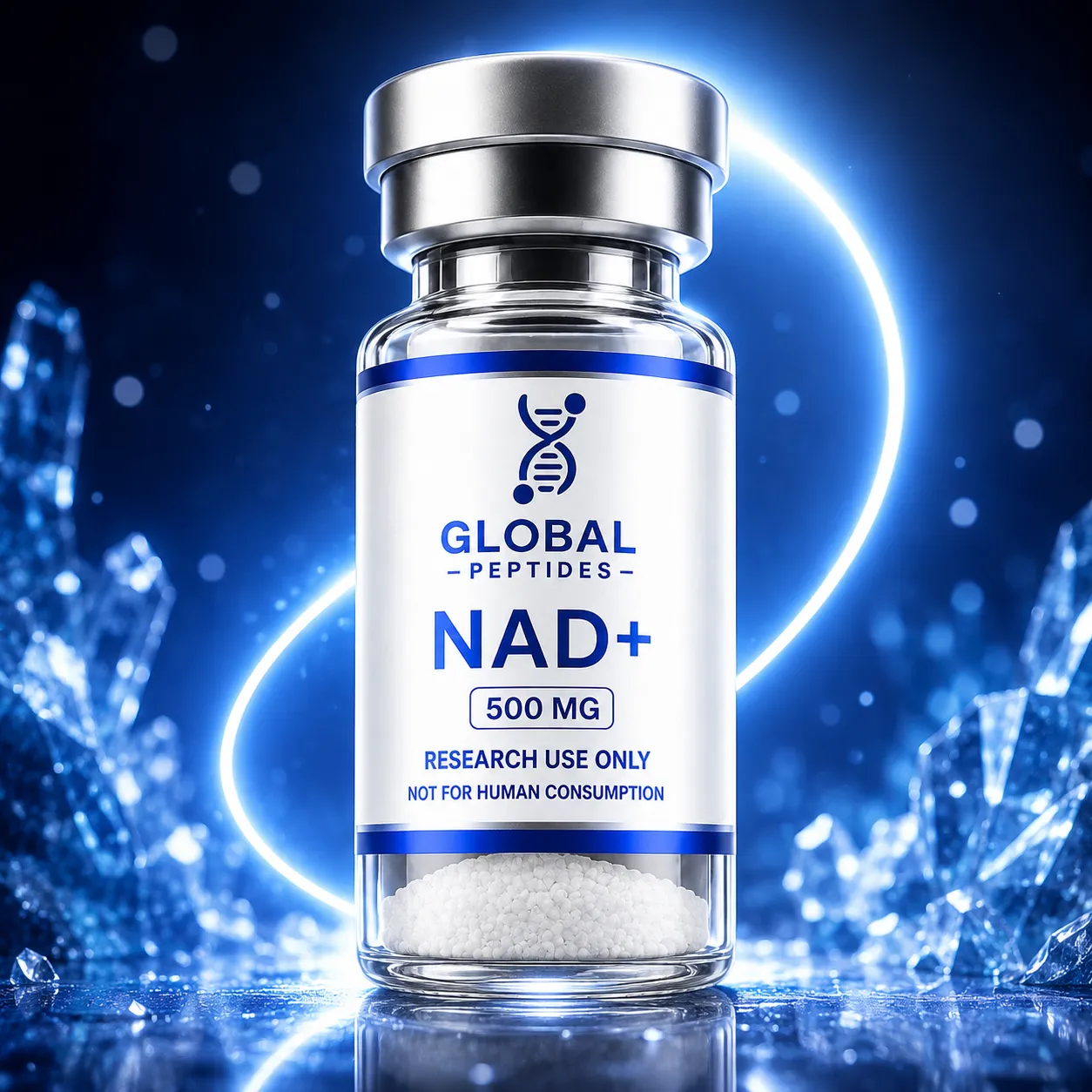 Global Peptides NAD+ research vial with blue crystalline accents