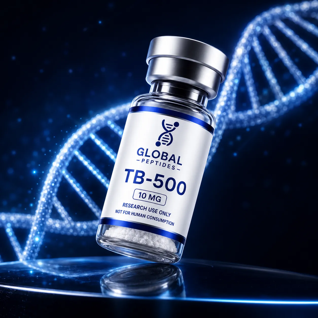 Global Peptides TB-500 research vial with a DNA-inspired background